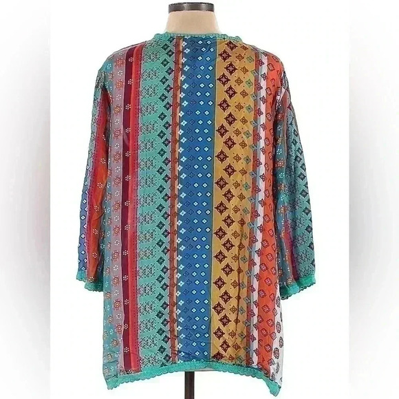 Johnny Was Long Sleeve Top 100% Silk Large L tunic blouse shirt color block - Picture 3 of 5
